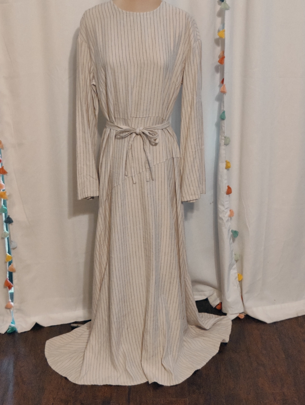 minimalist Pin Stripe Lagenlook Oversized Maxi Dress attached belt Bias waist M
